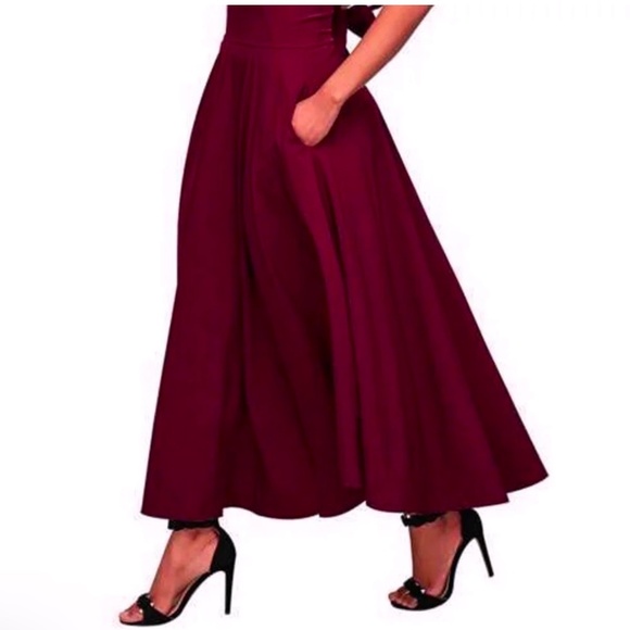 Stunning Maxi Skirt Burgundy Dark red Flowy Lightweight Pleated Belted Bow XXL - Picture 2 of 14